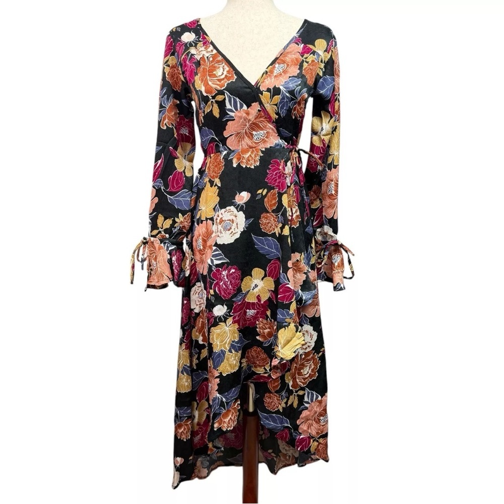 Band of the Free Hi-Lo Wrap Maxi Dress Size XS Black Yellow Burgundy NWT